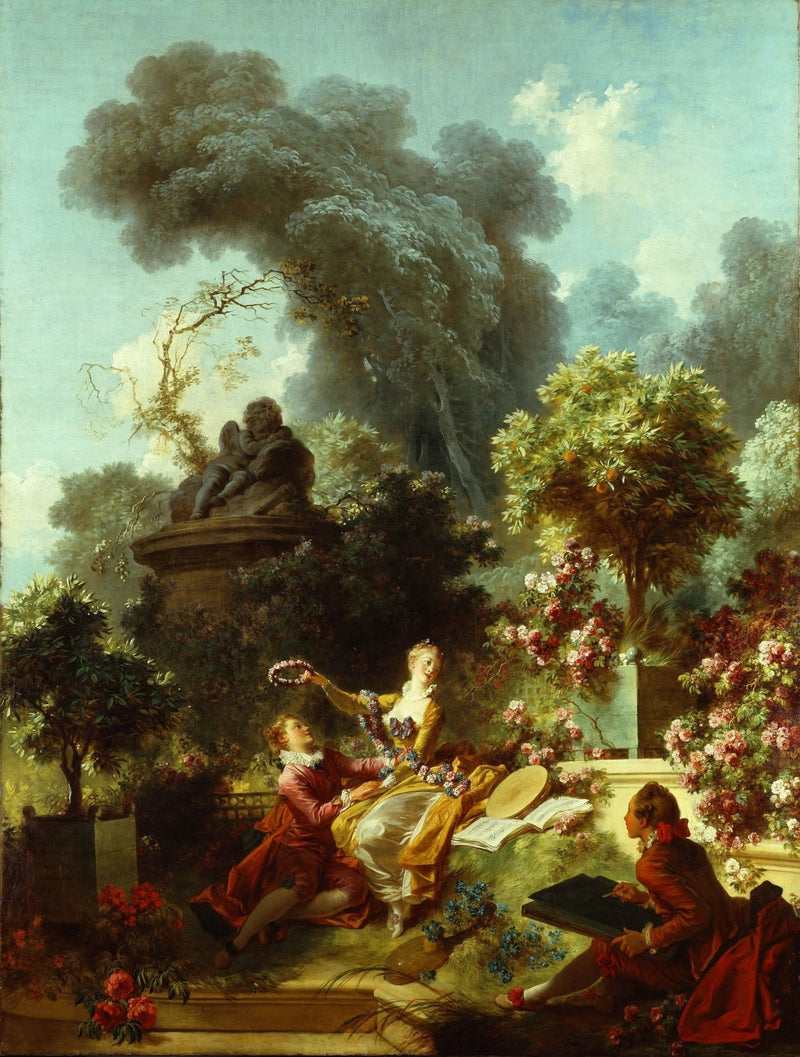 People Oil Painting - Figures in Floral Garden with Statue - Oil Painting Haven
