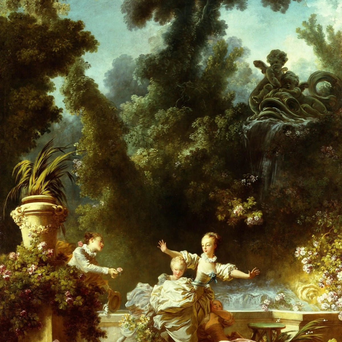 People Oil Painting - Figures in Lush Garden with Fountain - Oil Painting Haven