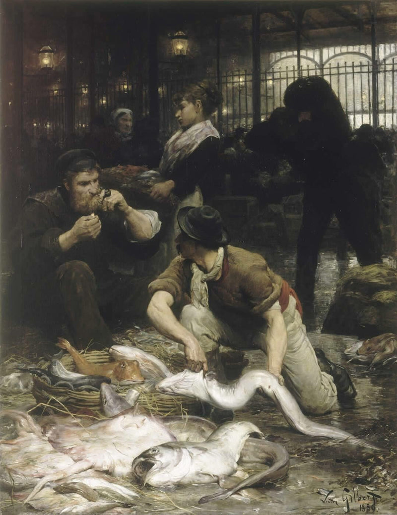 People Oil Painting - Fish Market Workers Preparing the Catch - Oil Painting Haven