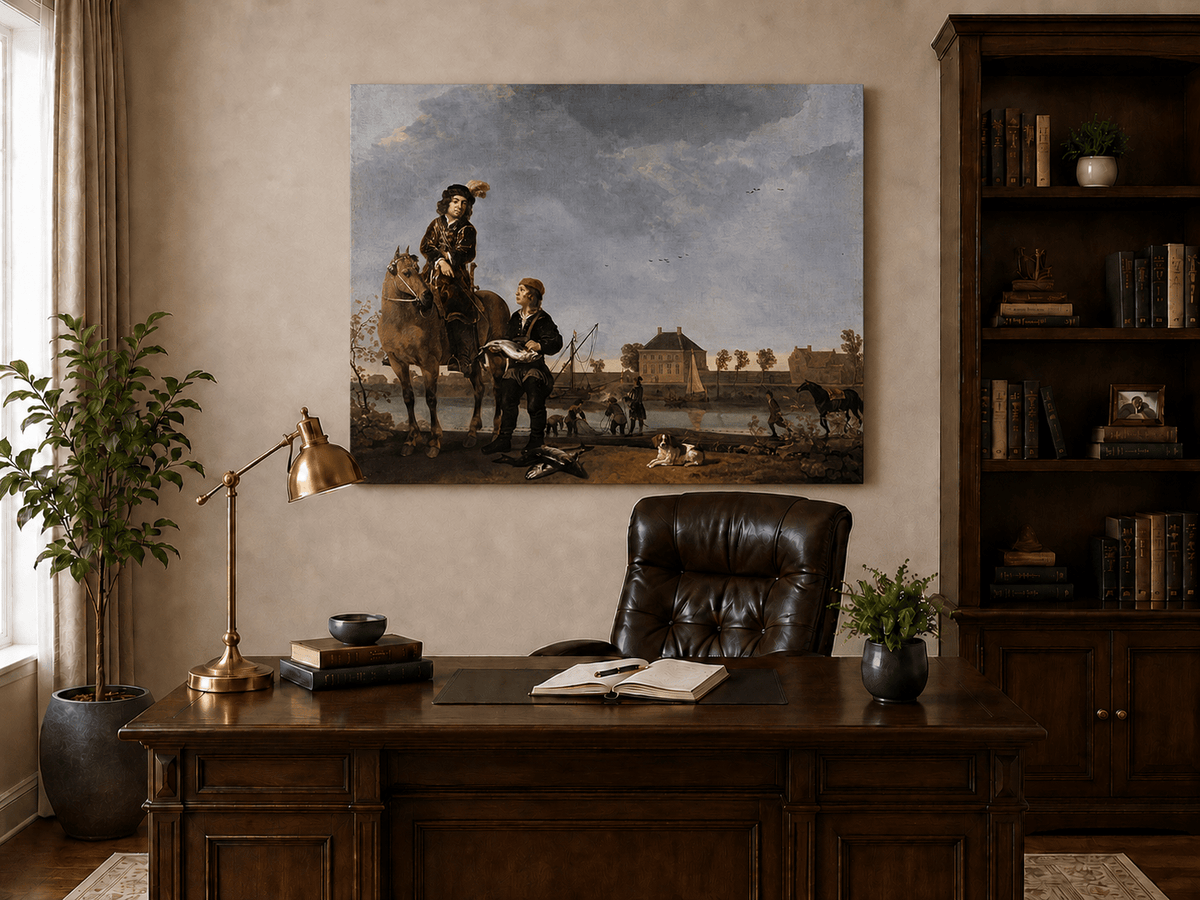 Peinture à l'huile de paysage - Homme à dos d'âne, femme, chien et champ rural