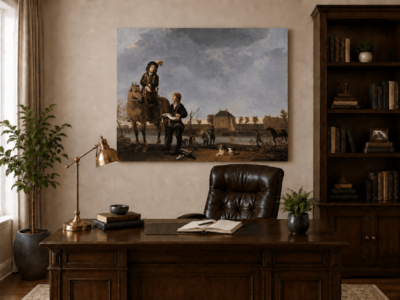 Peinture à l'huile de paysage - Homme à dos d'âne, femme, chien et champ rural