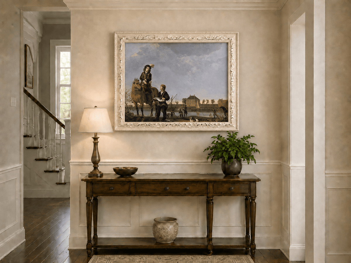 Peinture à l'huile de paysage - Homme à dos d'âne, femme, chien et champ rural