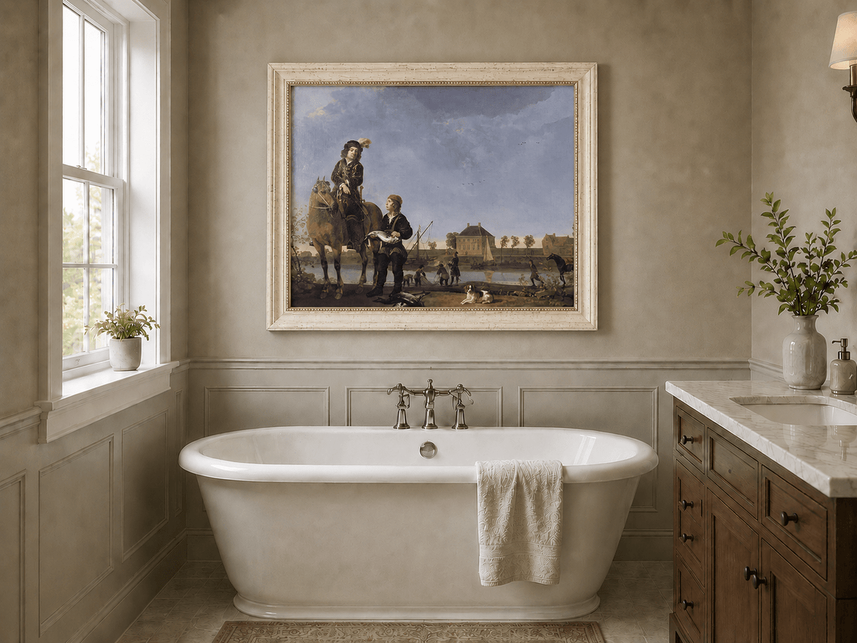 Peinture à l'huile de paysage - Homme à dos d'âne, femme, chien et champ rural