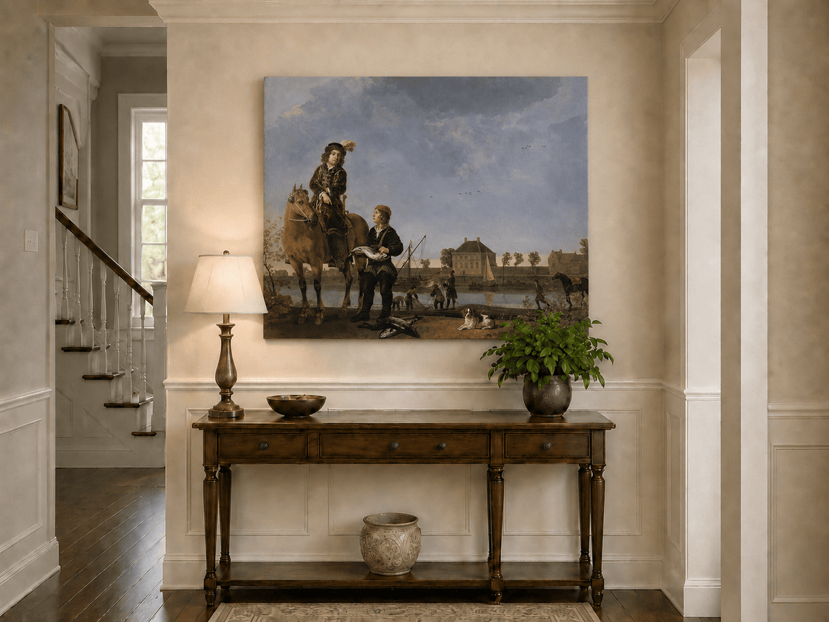 Peinture à l'huile de paysage - Homme à dos d'âne, femme, chien et champ rural