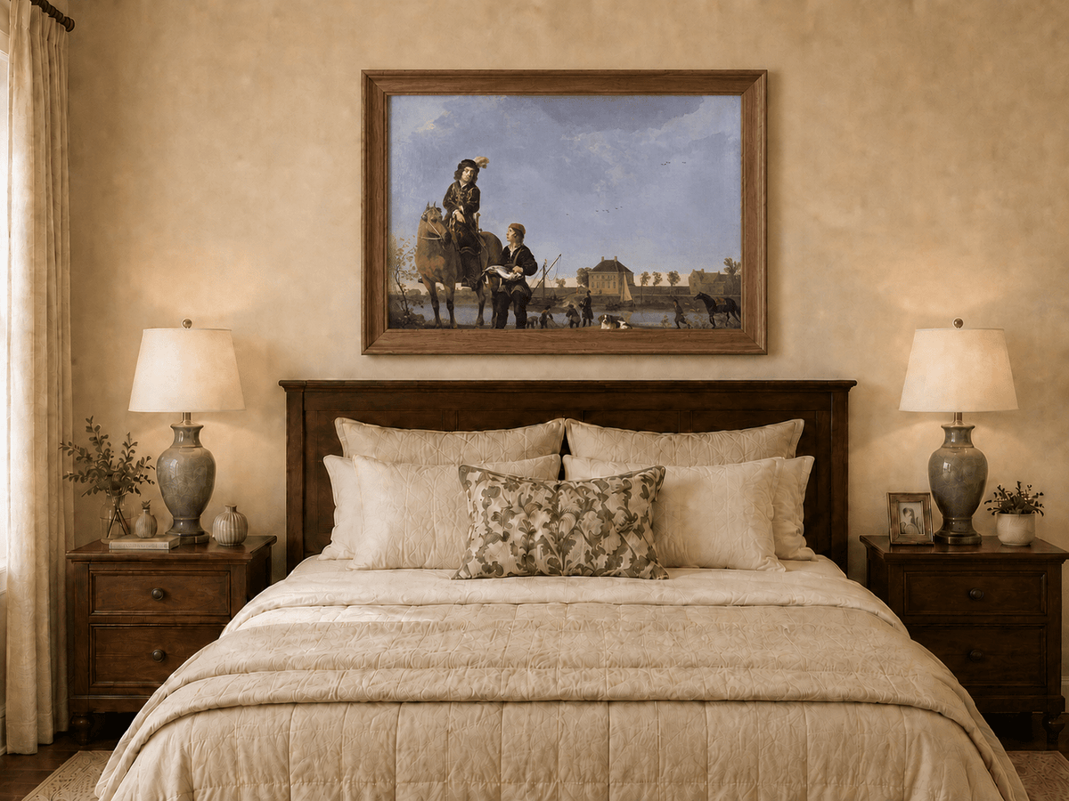 Peinture à l'huile de paysage - Homme à dos d'âne, femme, chien et champ rural