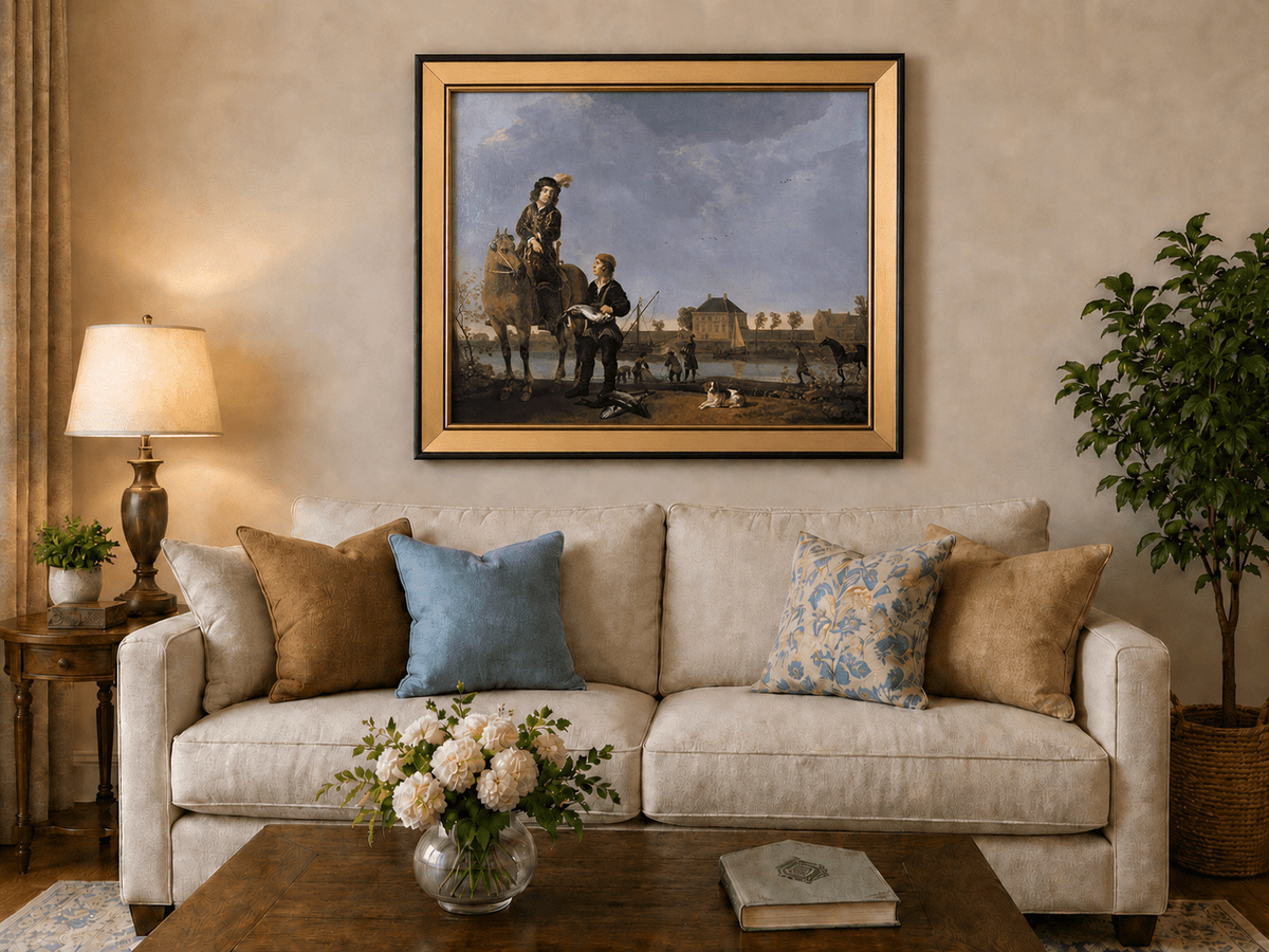 Peinture à l'huile de paysage - Homme à dos d'âne, femme, chien et champ rural
