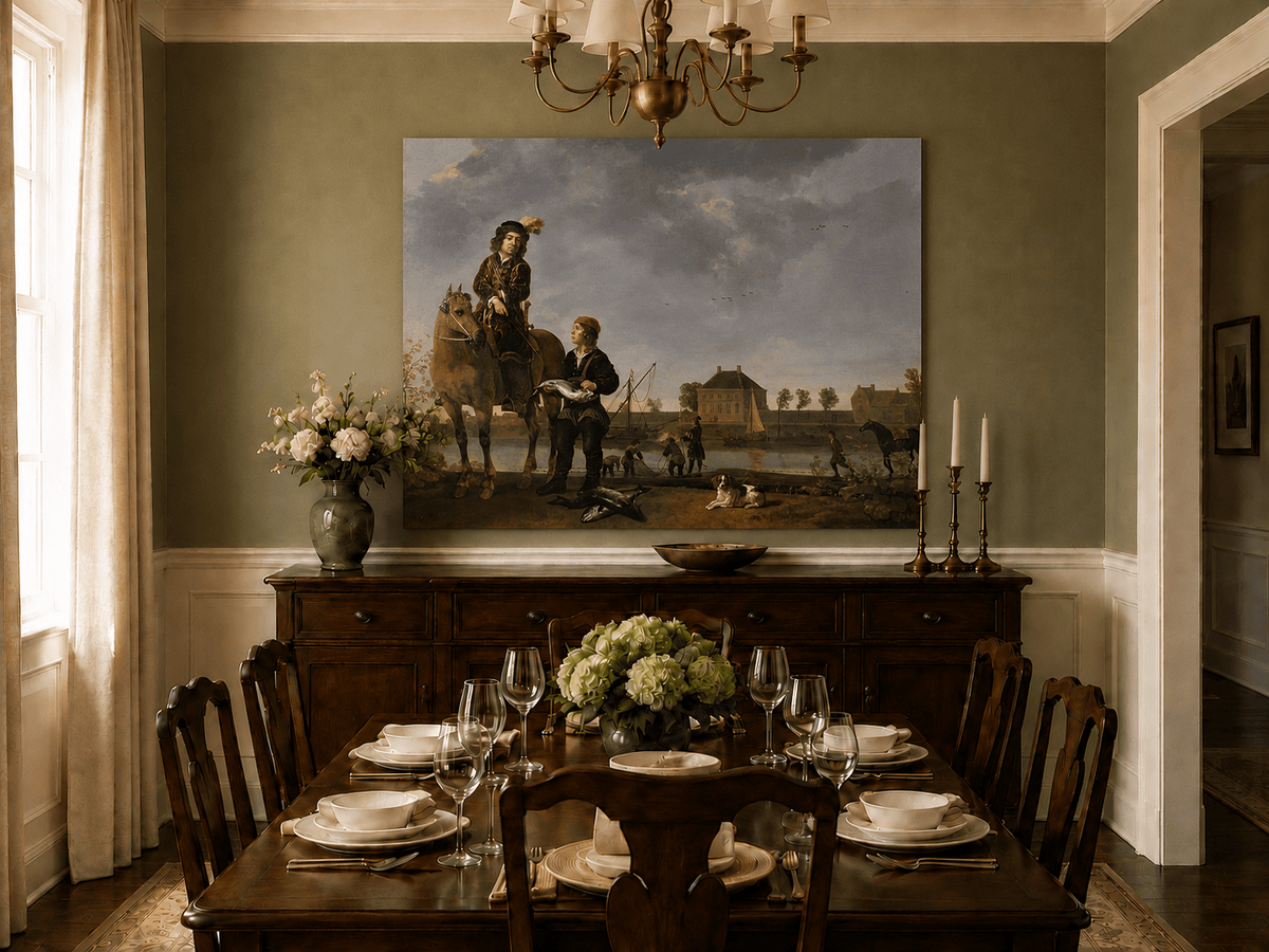 Peinture à l'huile de paysage - Homme à dos d'âne, femme, chien et champ rural