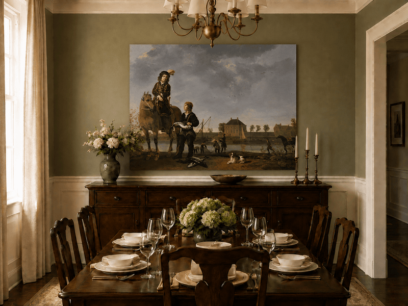 Peinture à l'huile de paysage - Homme à dos d'âne, femme, chien et champ rural