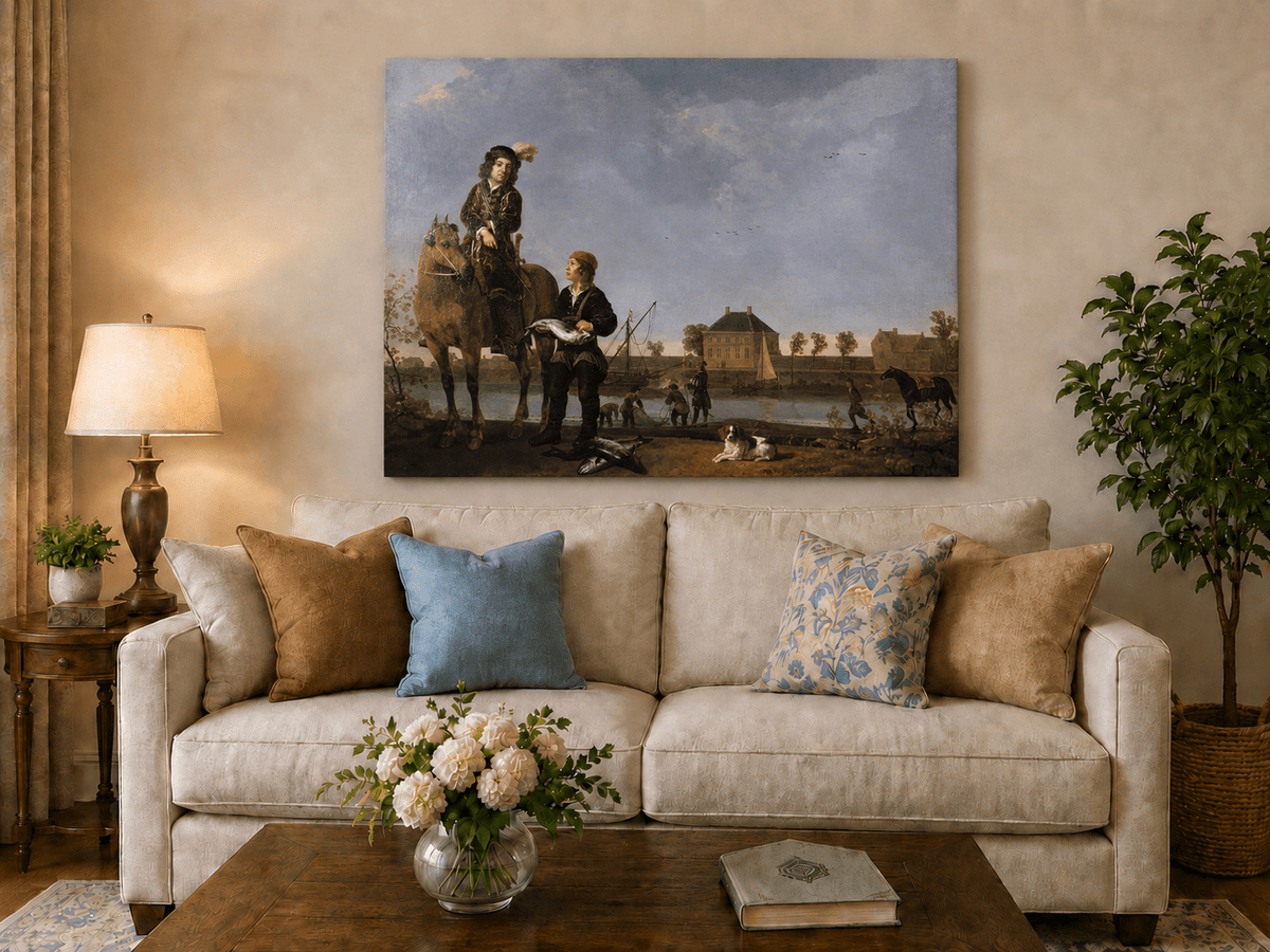 Peinture à l'huile de paysage - Homme à dos d'âne, femme, chien et champ rural