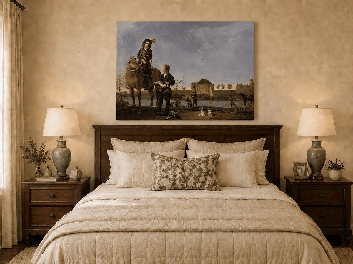 Peinture à l'huile de paysage - Homme à dos d'âne, femme, chien et champ rural