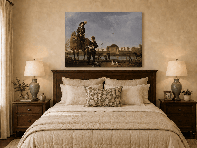 Peinture à l'huile de paysage - Homme à dos d'âne, femme, chien et champ rural