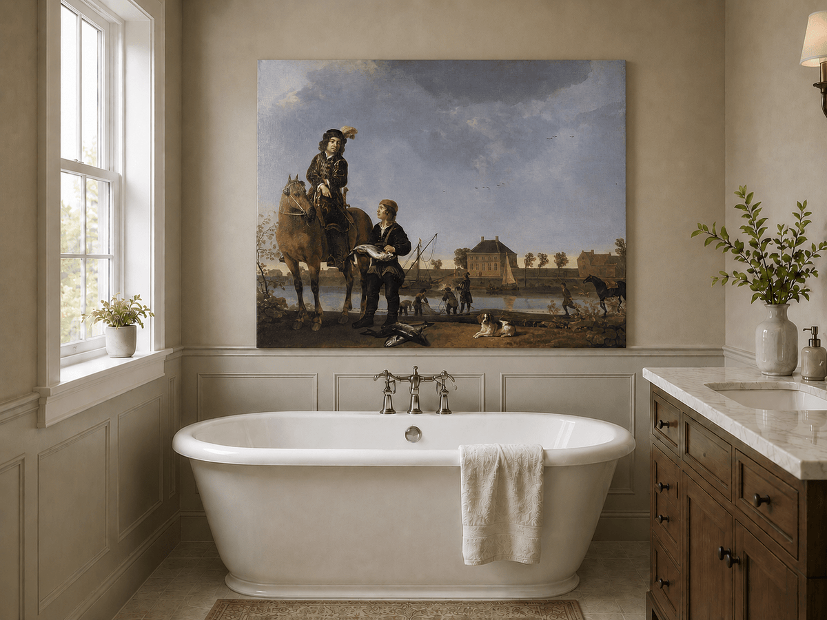 Peinture à l'huile de paysage - Homme à dos d'âne, femme, chien et champ rural