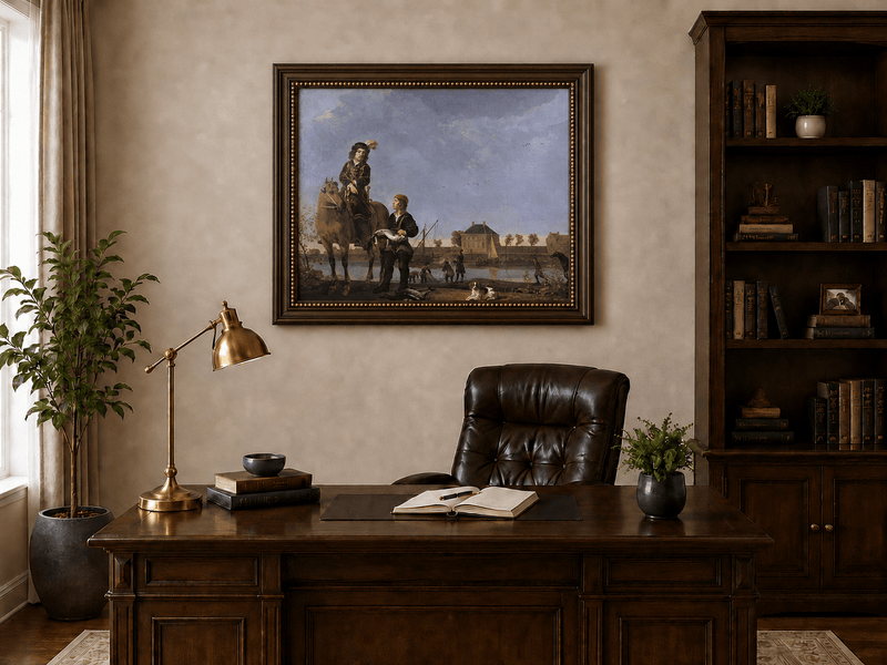 Peinture à l'huile de paysage - Homme à dos d'âne, femme, chien et champ rural