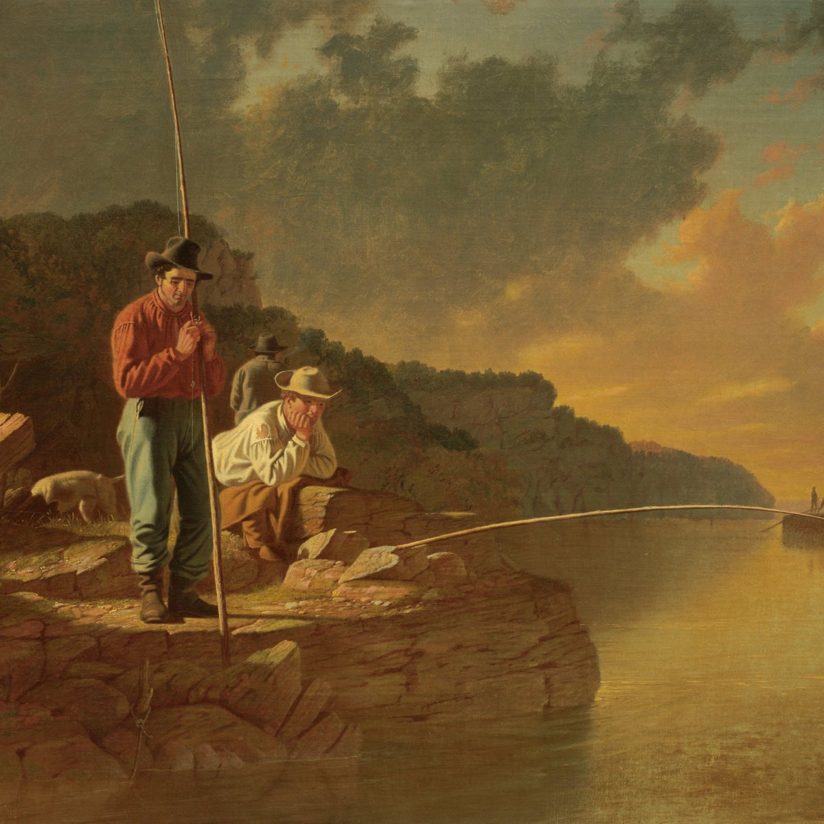 People Oil Painting - Fishermen by River Sunset Landscape - Oil Painting Haven