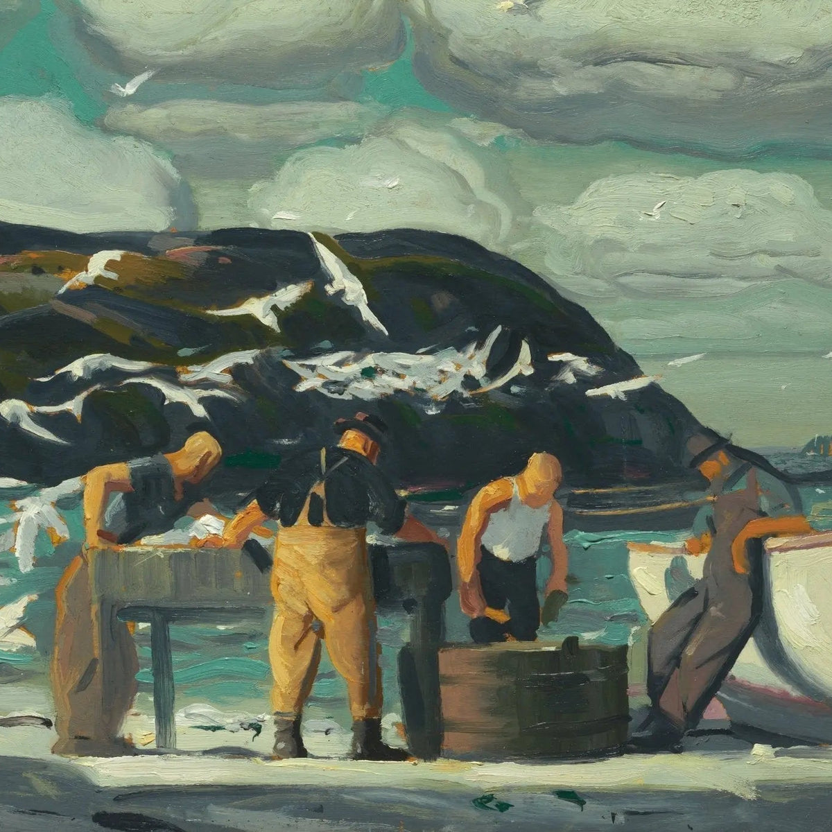 People Oil Painting - Fishermen by Seaside with Boat - Oil Painting Haven