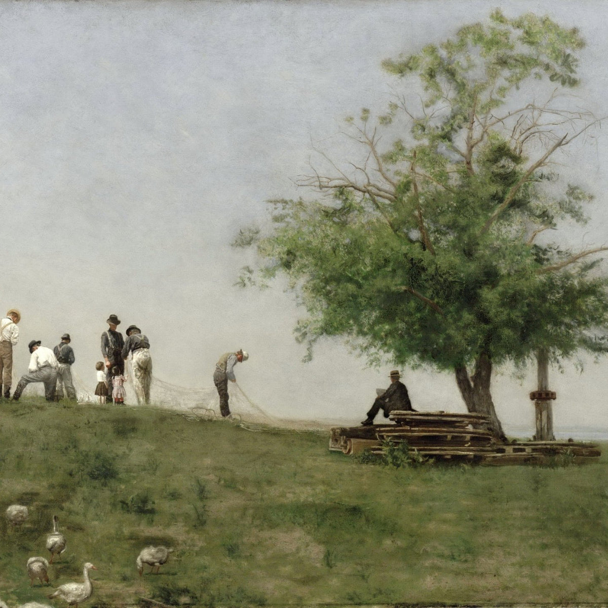 People Oil Painting - Fishermen Mending Nets in Quiet Meadow - Oil Painting Haven
