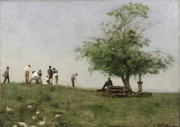 People Oil Painting - Fishermen Mending Nets in Quiet Meadow - Oil Painting Haven