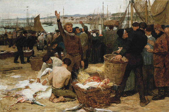 People Oil Painting - Fishermen Selling Catch at Harbor - Oil Painting Haven