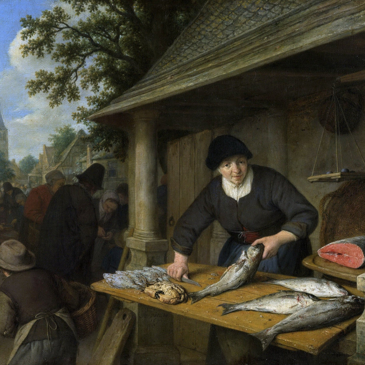 People Oil Painting - Fishmonger Preparing Catch in Market Scene - Oil Painting Haven