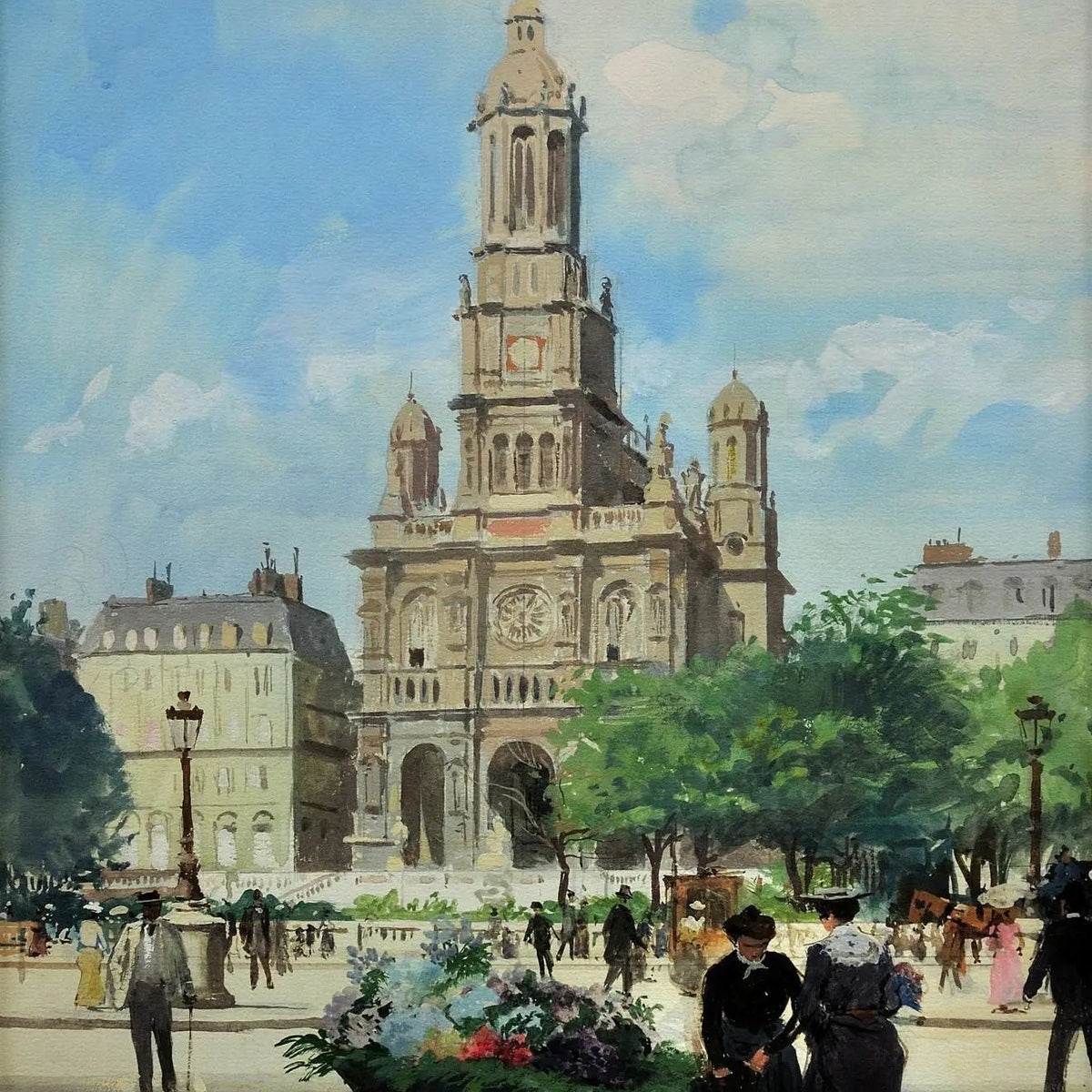 People Oil Painting - Flower Cart by Historic Building - Oil Painting Haven