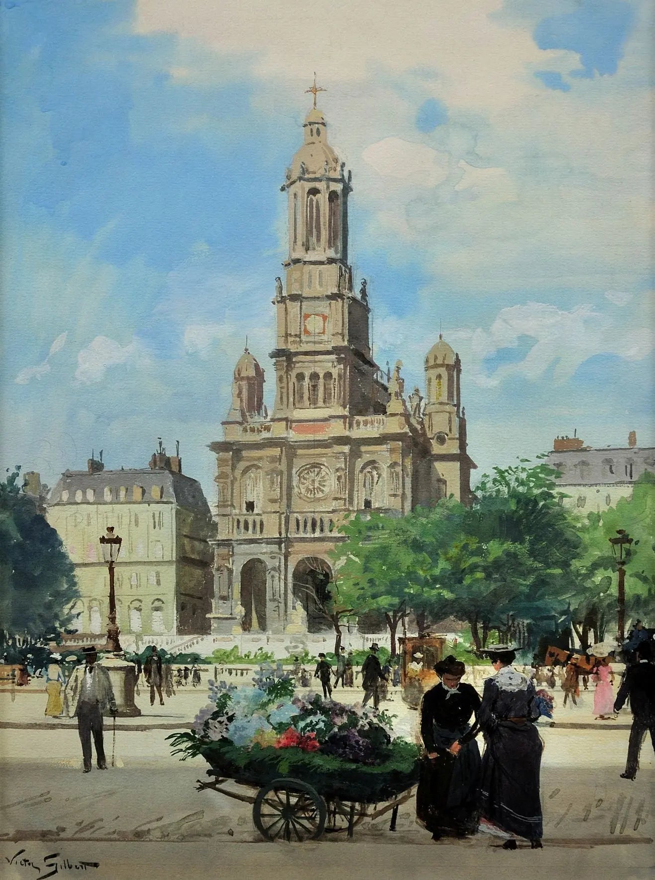People Oil Painting - Flower Cart by Historic Building - Oil Painting Haven