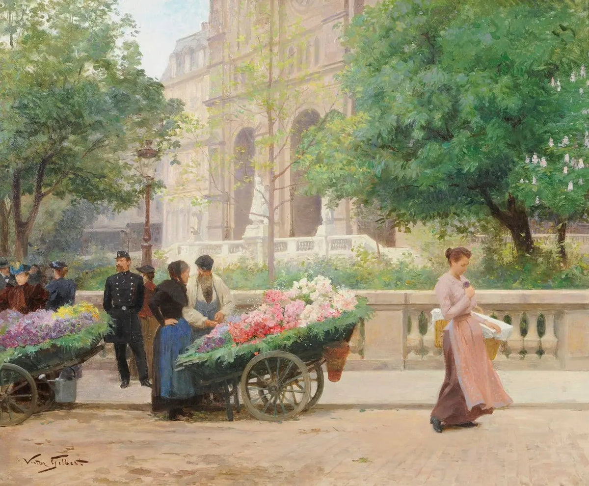 People Oil Painting - Flower Market by Grand Building - Oil Painting Haven