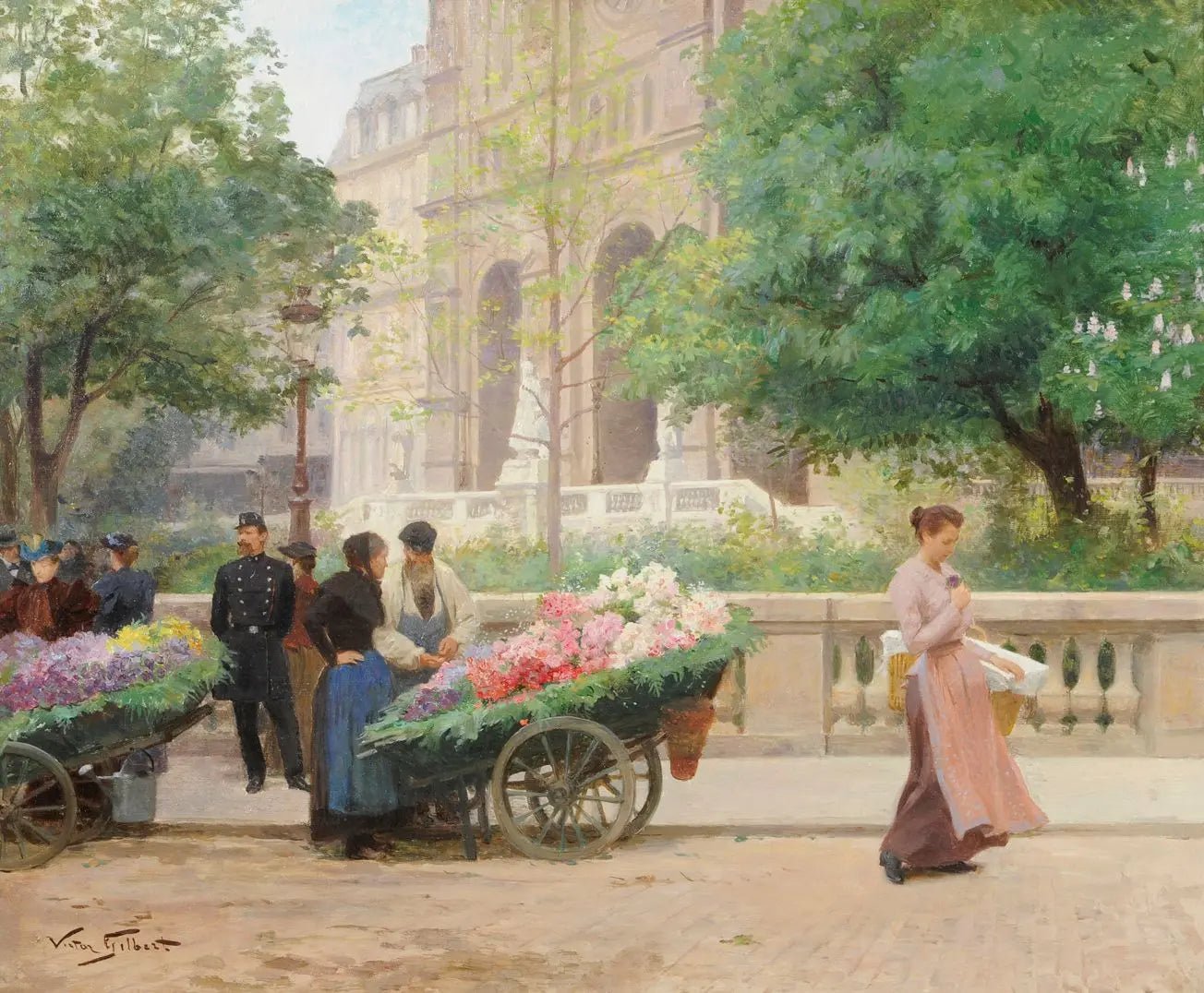 People Oil Painting - Flower Market by Grand Building - Oil Painting Haven