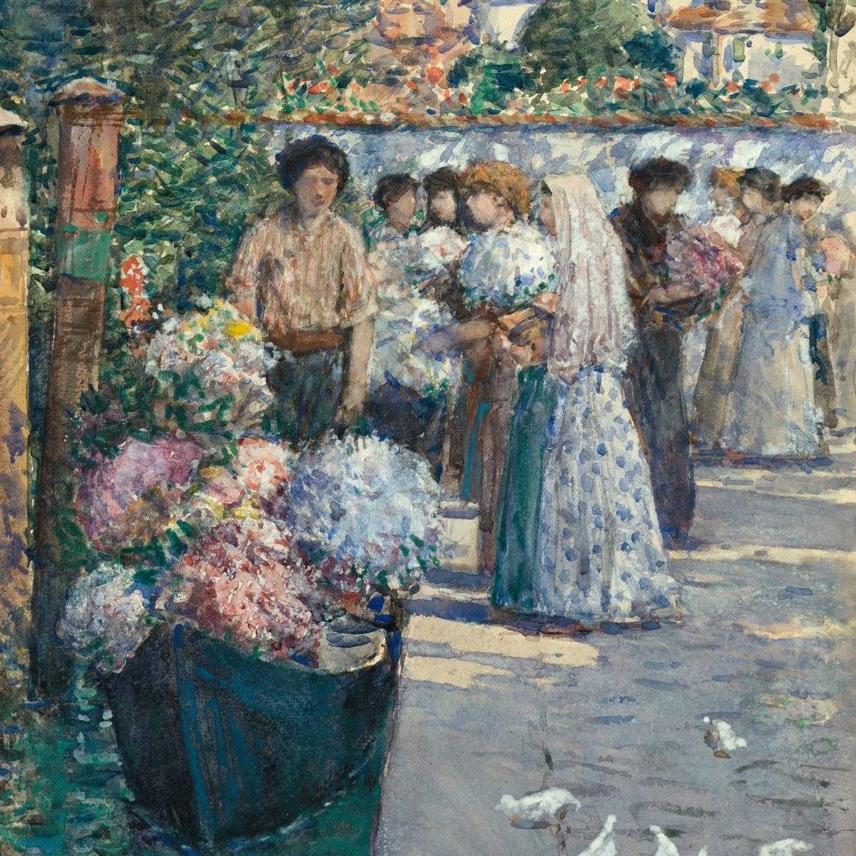 People Oil Painting - Flower Market Scene in a Sunlit City - Oil Painting Haven