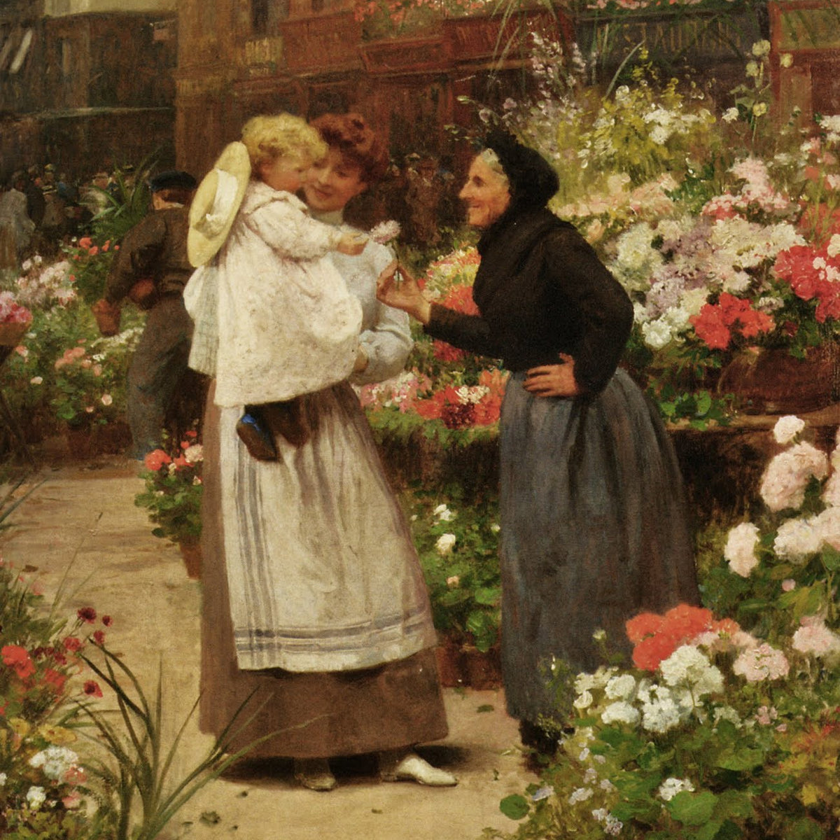 People Oil Painting - Flower Seller and Child Garden Scene - Oil Painting Haven