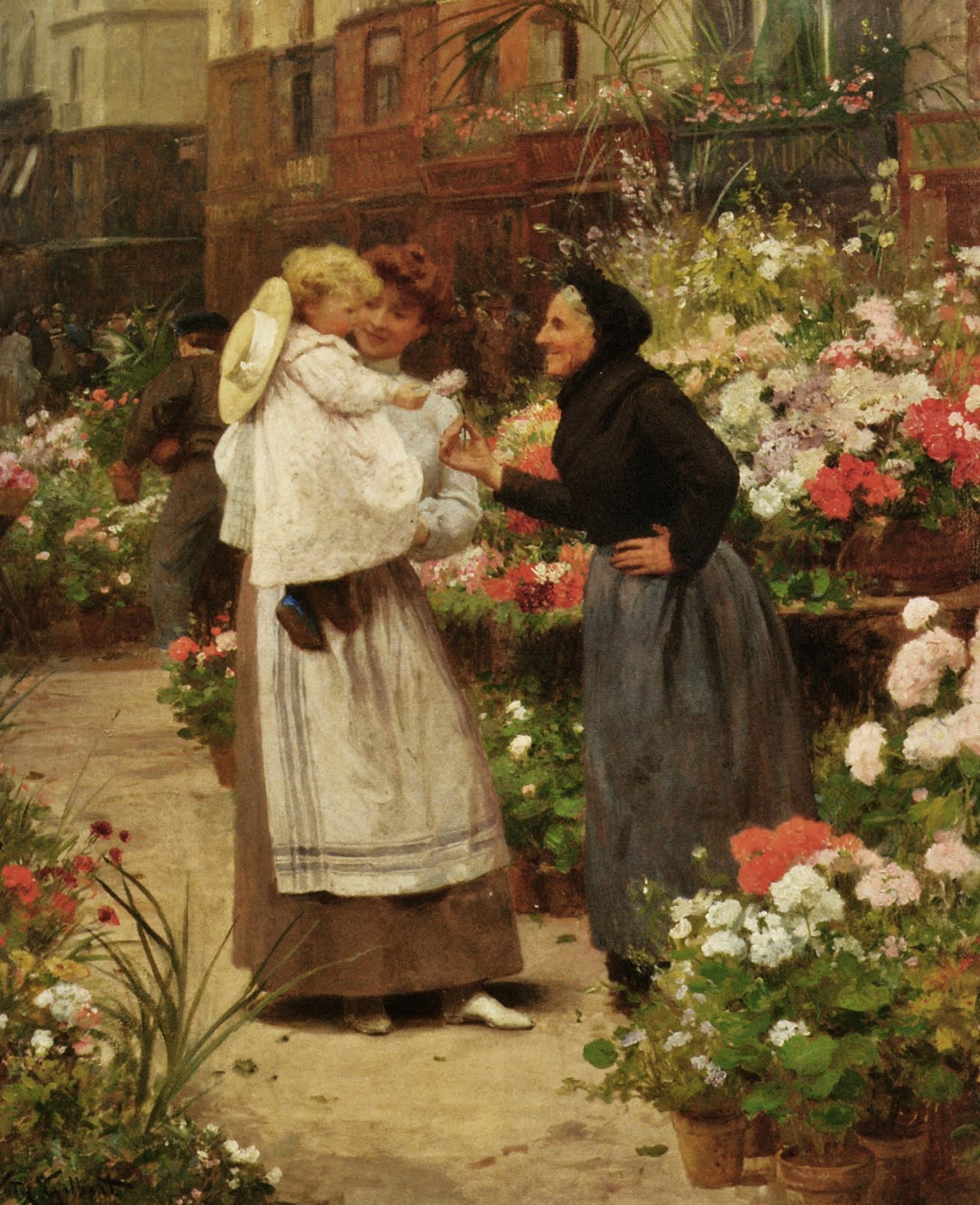 People Oil Painting - Flower Seller and Child Garden Scene - Oil Painting Haven