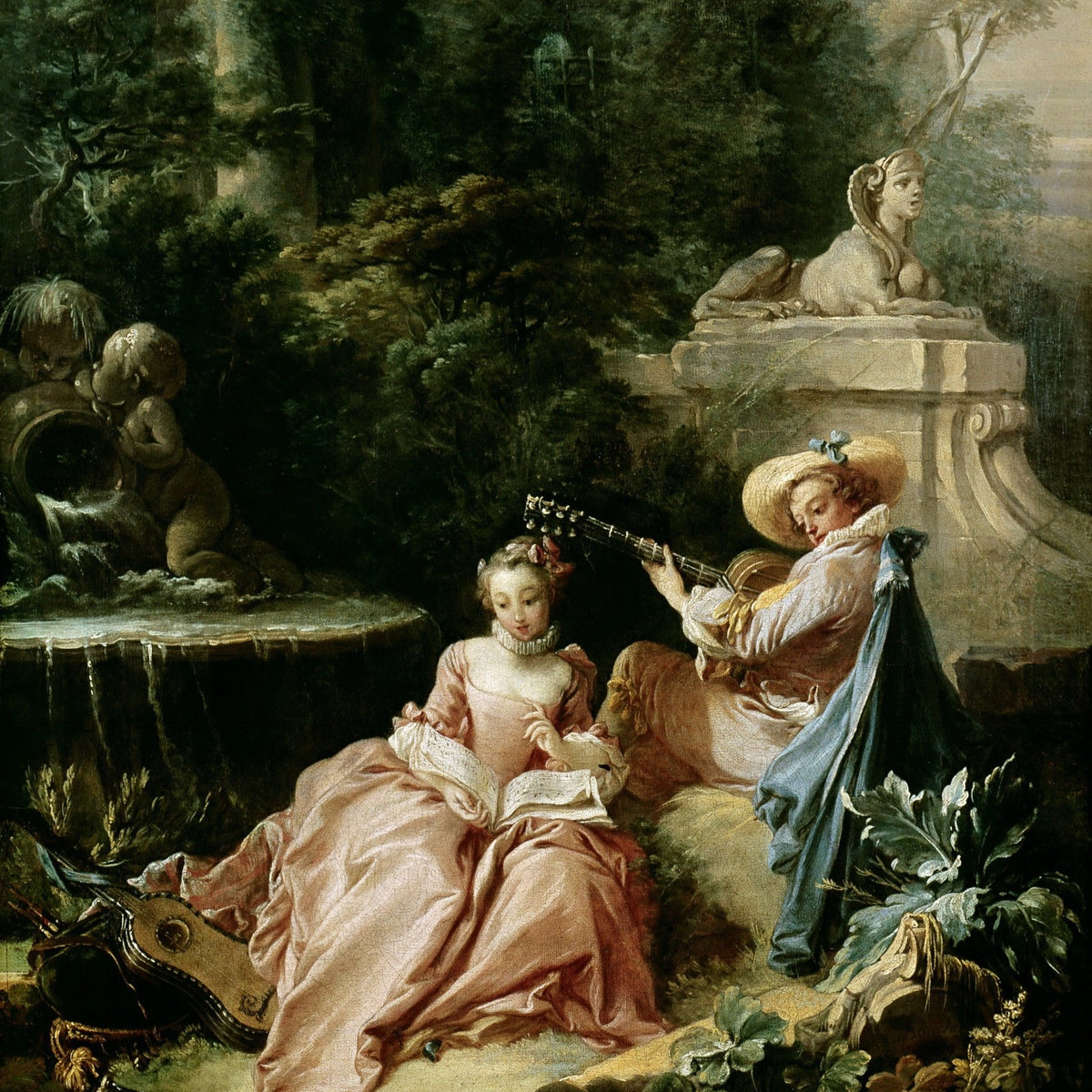People Oil Painting - Garden Music Scene with Fountain Figures - Oil Painting Haven