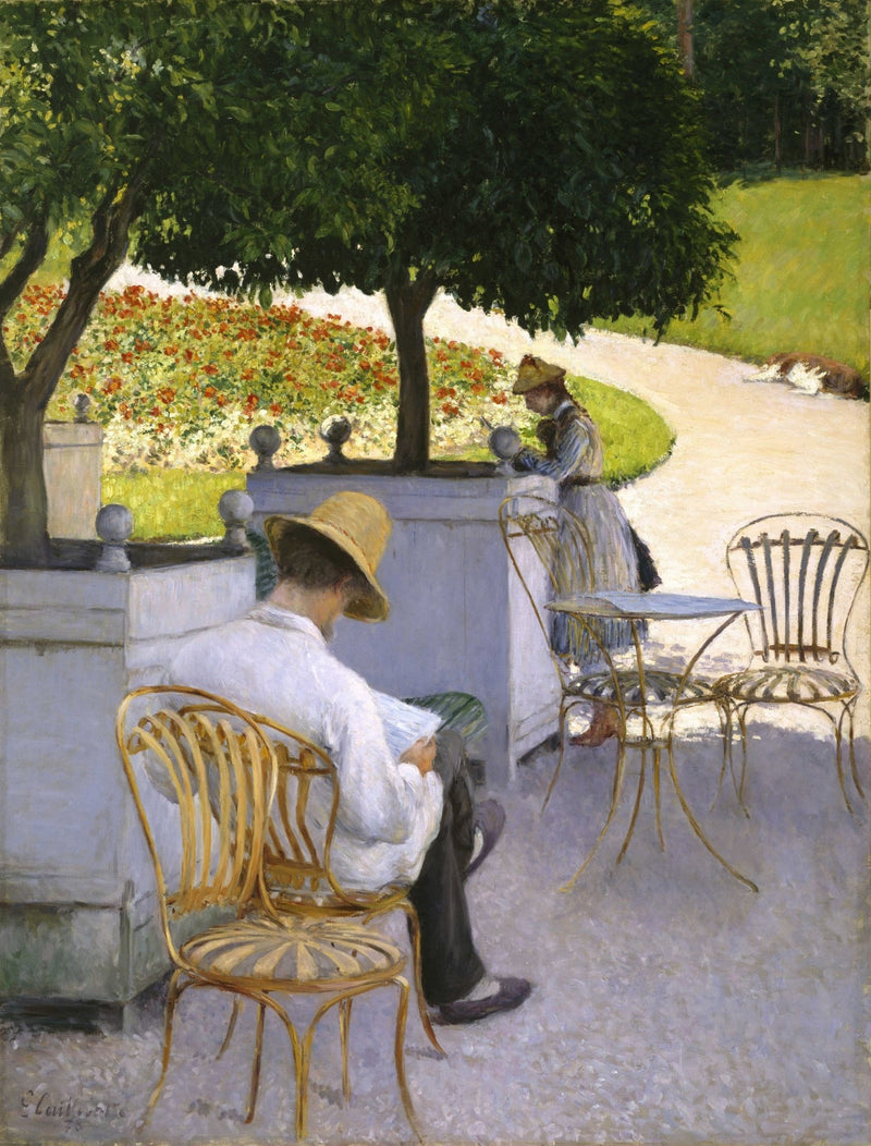 People Oil Painting - Garden Terrace Reading Scene - Oil Painting Haven