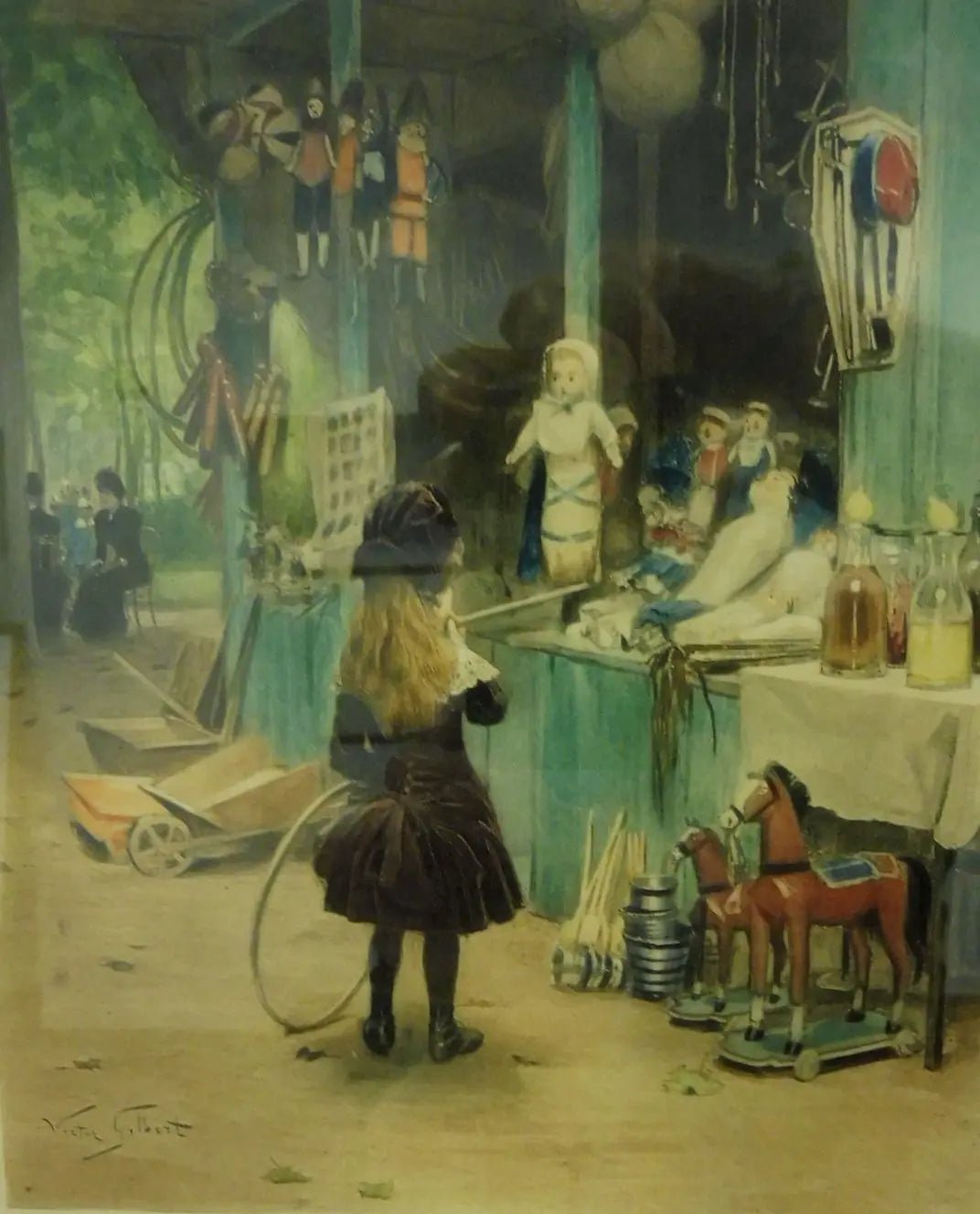 People Oil Painting - Girl at Toy Stall - Oil Painting Haven