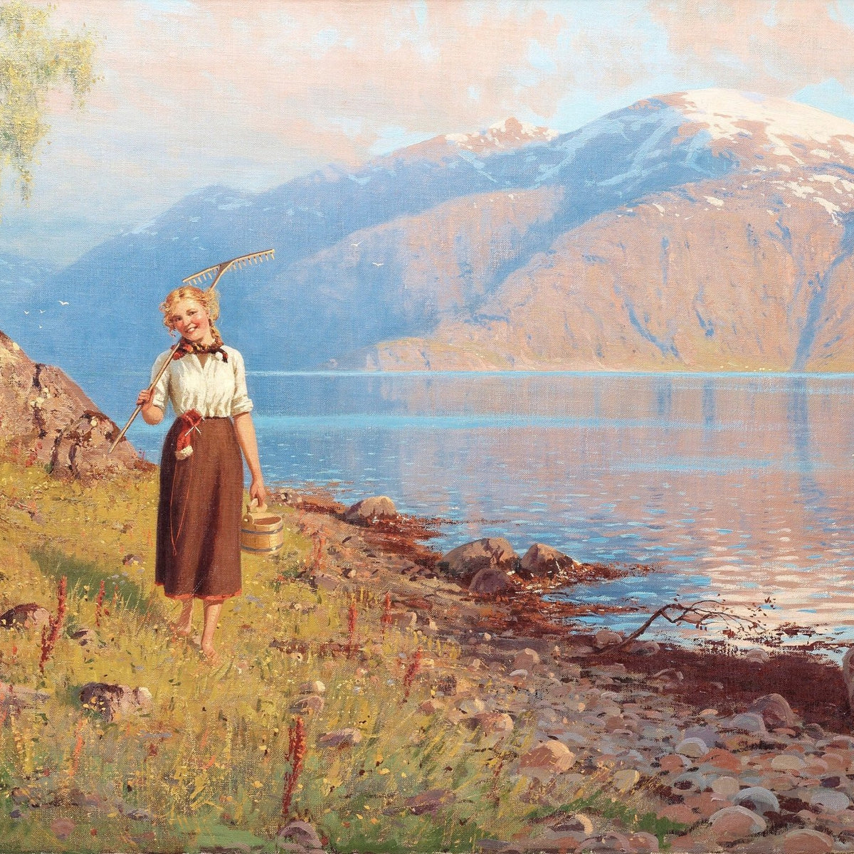 People Oil Painting - Girl by Mountain Lake Landscape - Oil Painting Haven