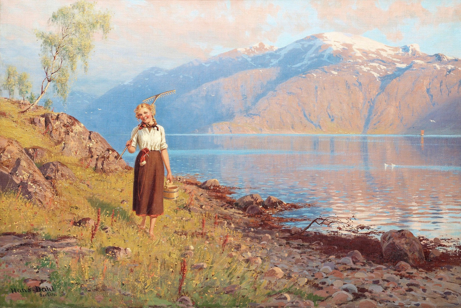 People Oil Painting - Girl by Mountain Lake Landscape - Oil Painting Haven