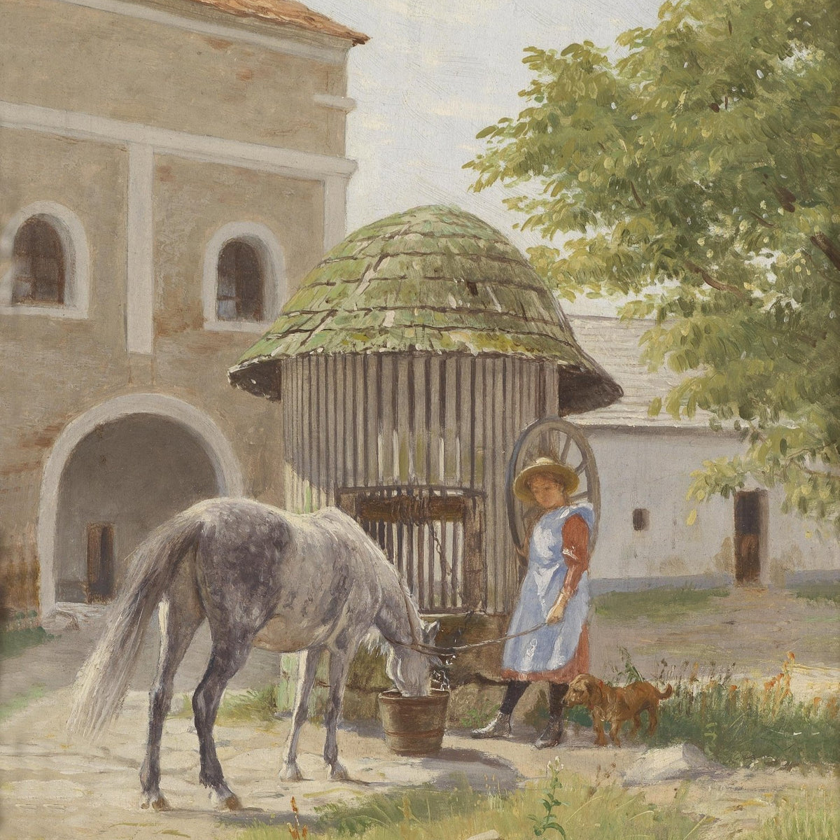 People Oil Painting - Girl Feeding Horse in Rustic Courtyard - Oil Painting Haven