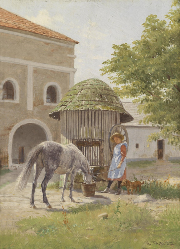 People Oil Painting - Girl Feeding Horse in Rustic Courtyard - Oil Painting Haven