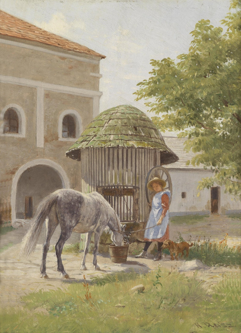 People Oil Painting - Girl Feeding Horse in Rustic Courtyard - Oil Painting Haven
