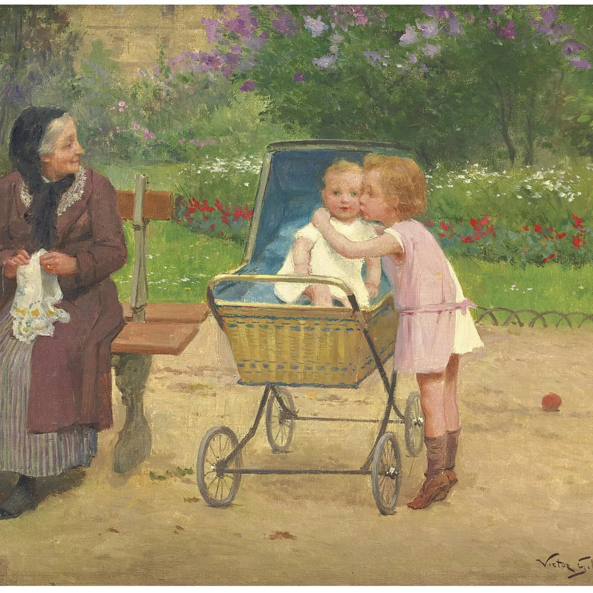 People Oil Painting - Girl Kissing Baby in Stroller - Oil Painting Haven