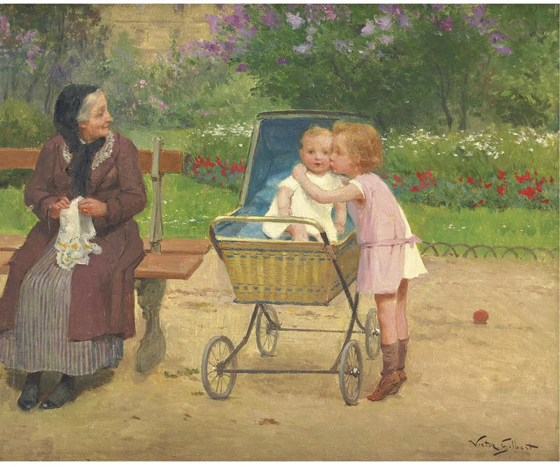 People Oil Painting - Girl Kissing Baby in Stroller - Oil Painting Haven