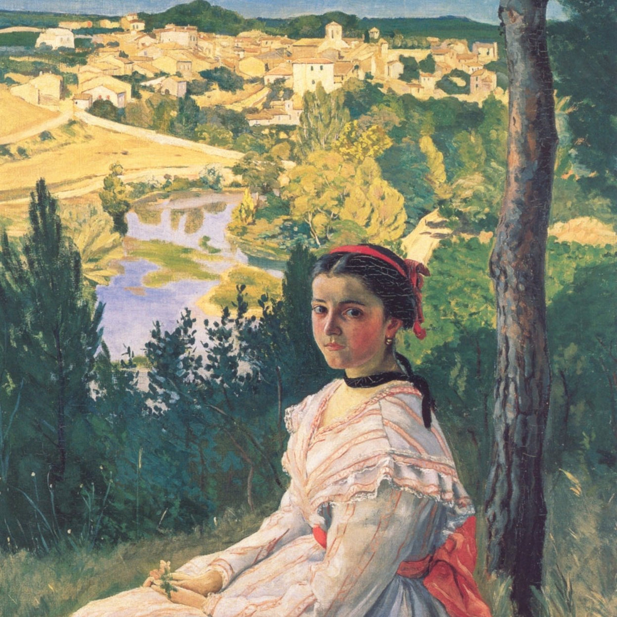People Oil Painting - Girl Portrait with Village Landscape View - Oil Painting Haven