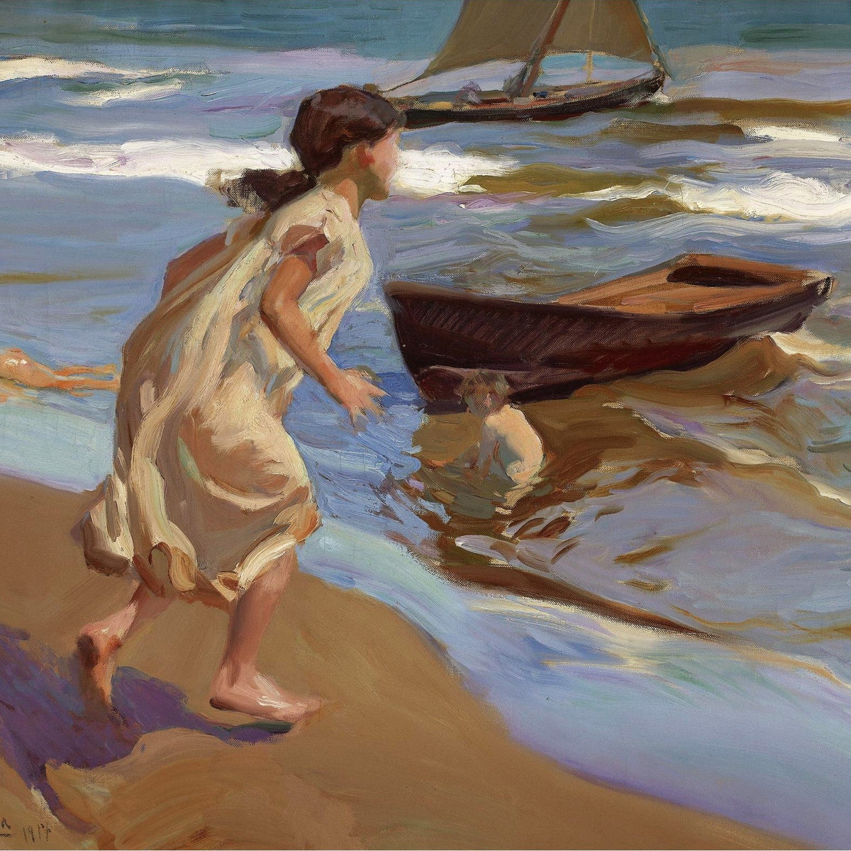 People Oil Painting - Girl Running Along Sunny Seashore - Oil Painting Haven