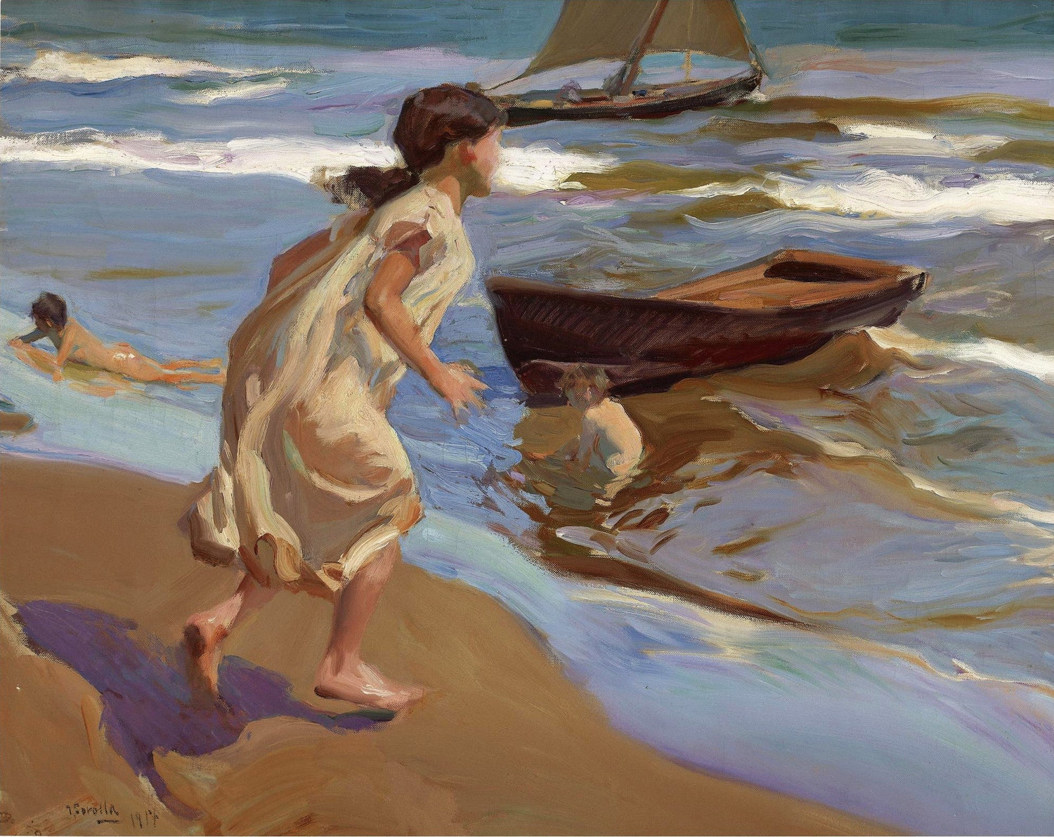 People Oil Painting - Girl Running Along Sunny Seashore - Oil Painting Haven