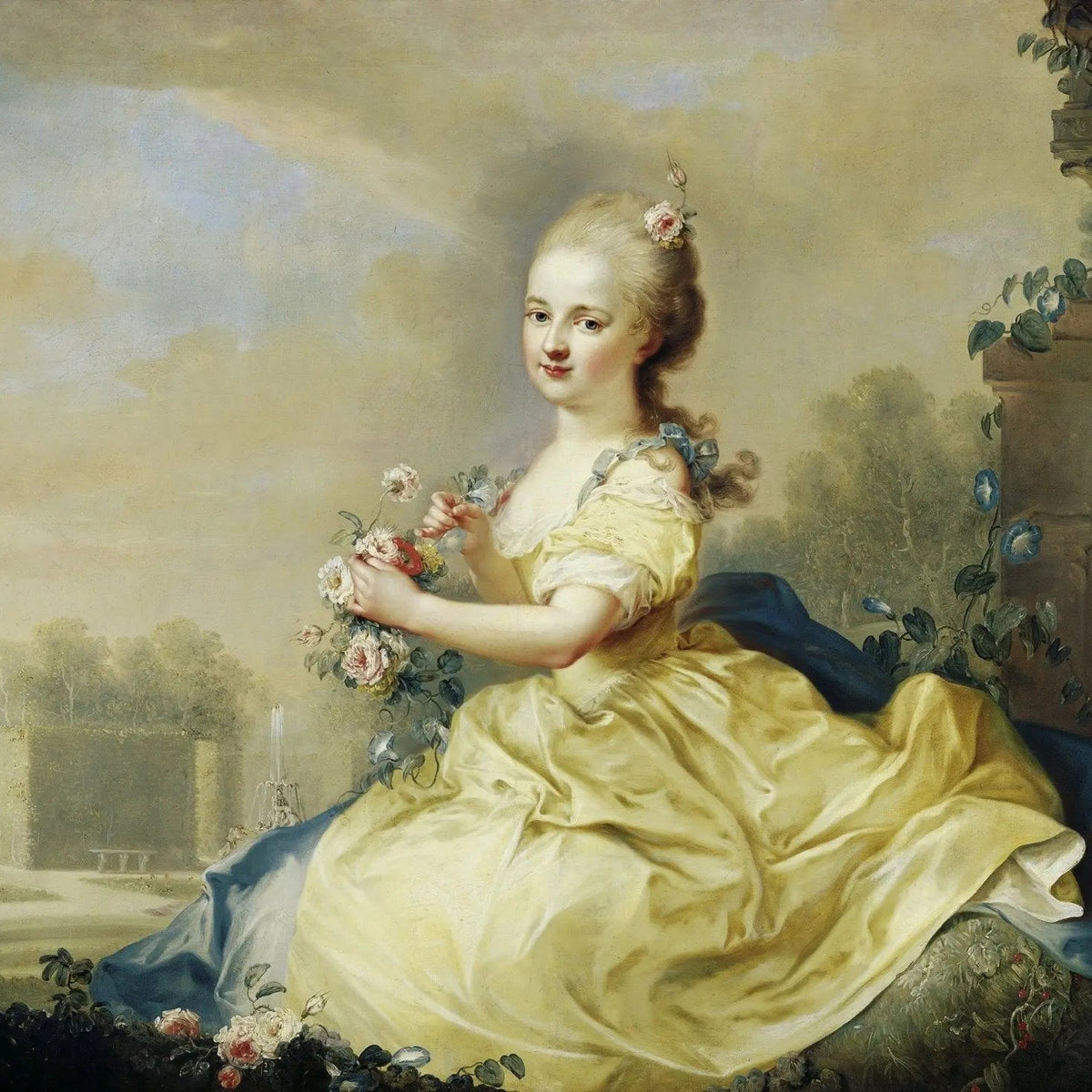 People Oil Painting - Girl with Flowers in Garden - Oil Painting Haven