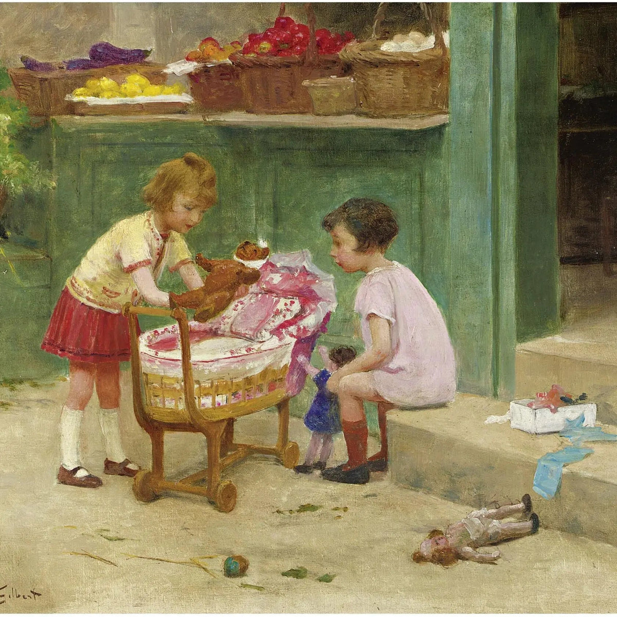 People Oil Painting - Girls Playing with Doll Carriage - Oil Painting Haven