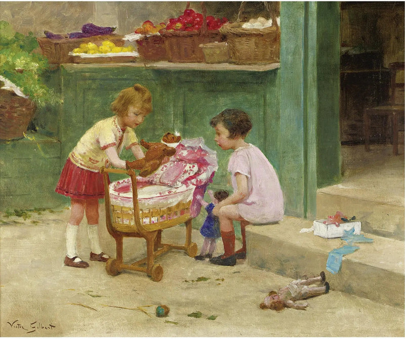 People Oil Painting - Girls Playing with Doll Carriage - Oil Painting Haven