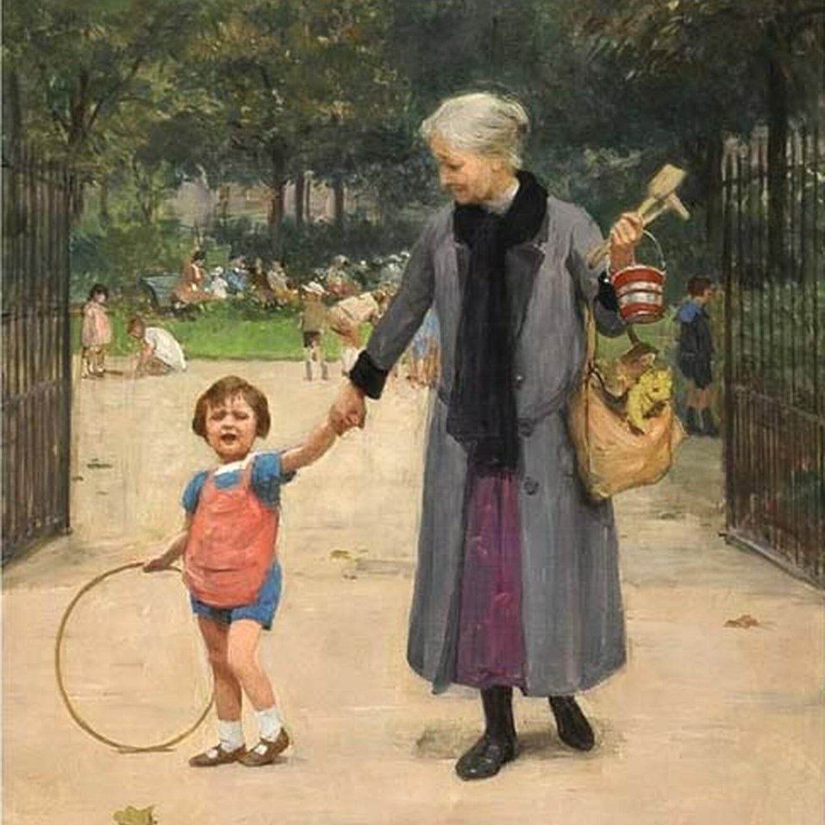 People Oil Painting - Grandmother and Child in Park Scene - Oil Painting Haven