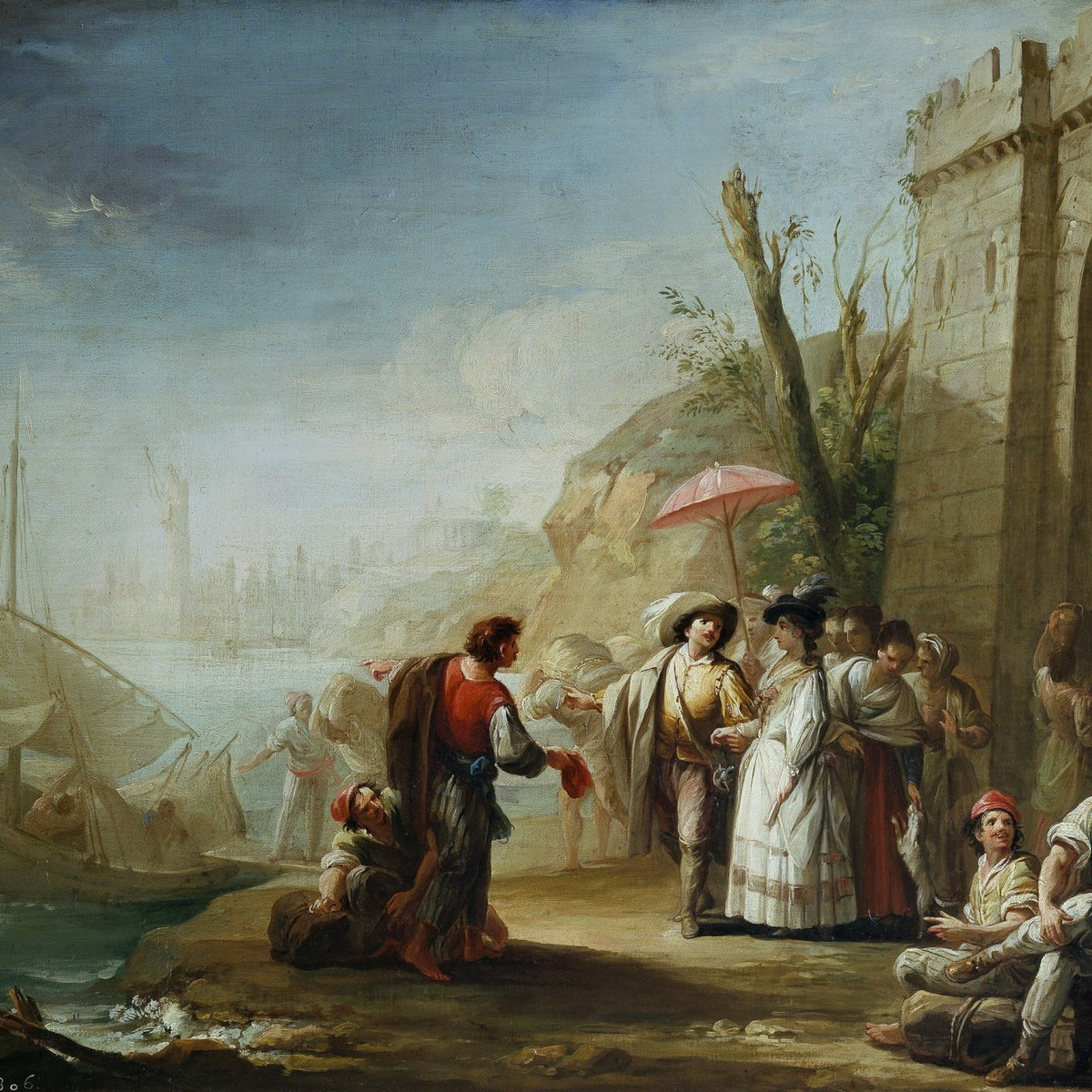 People Oil Painting - Harbor Scene with Figures by City Gate - Oil Painting Haven