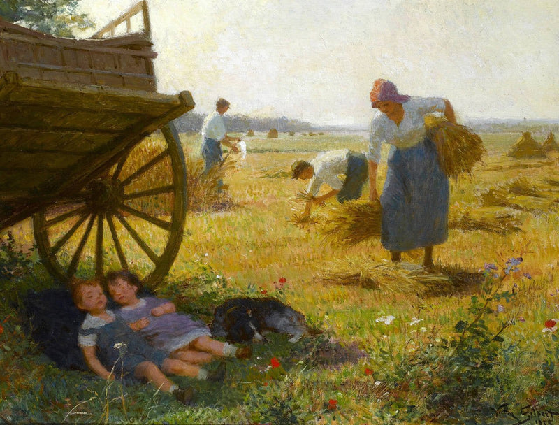 People Oil Painting - Harvest Field Workers and Children Scene - Oil Painting Haven