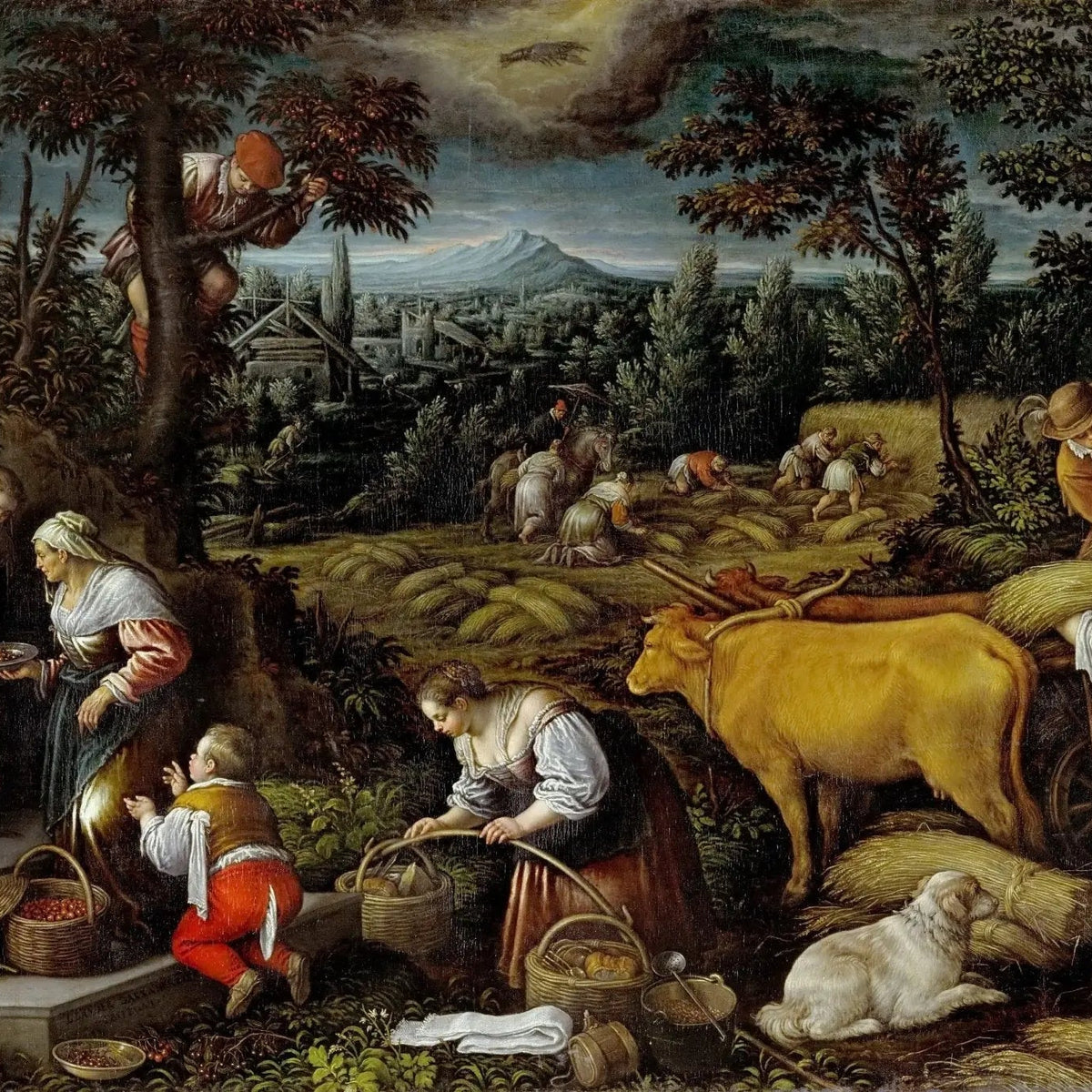 People Oil Painting - Harvest Scene with Figures and Cow - Oil Painting Haven